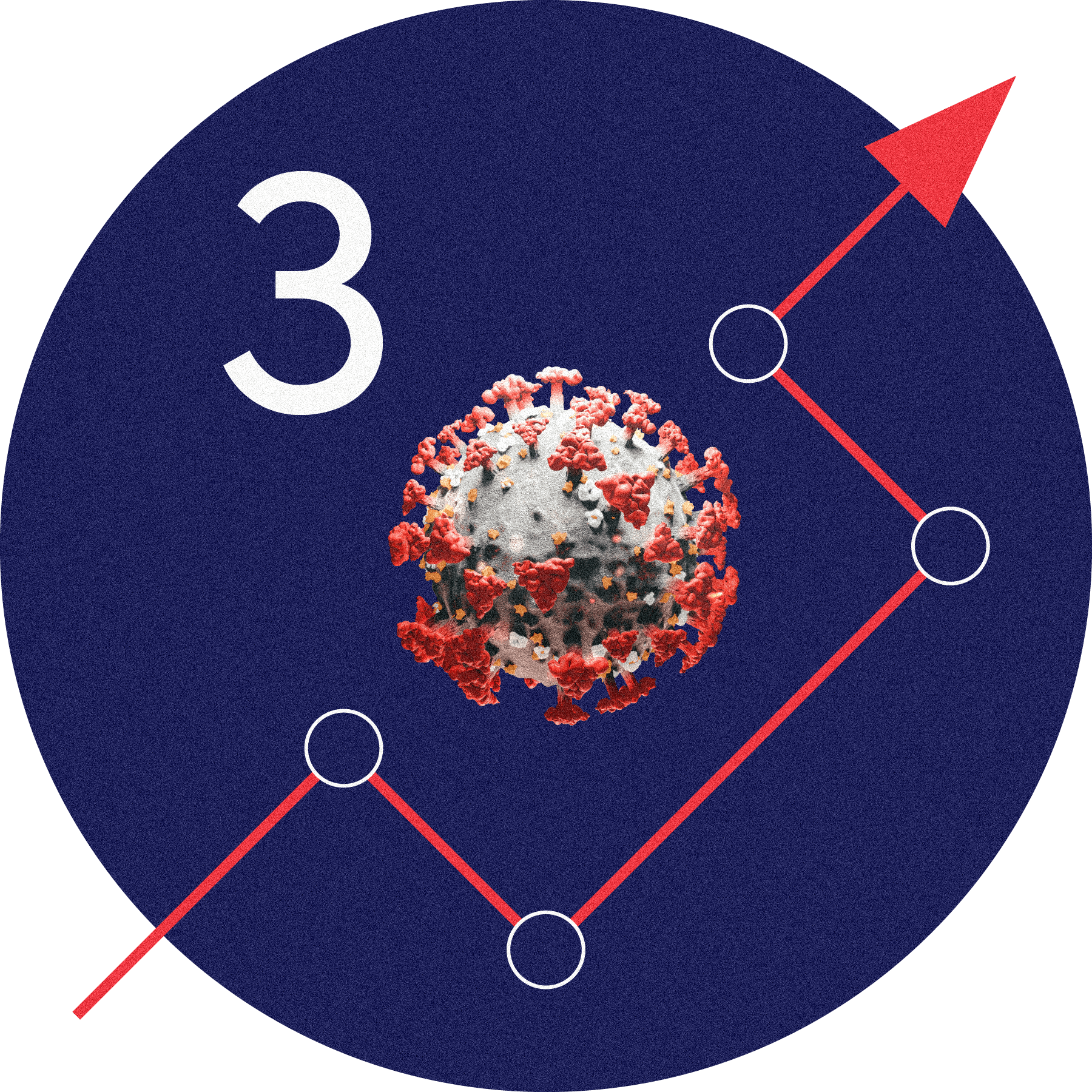 Number 3 with a red arrow, changing directions to go around a COVID-19 virus.